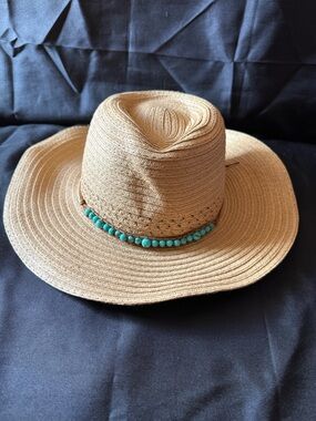 New Woven Straw Fedora Hat with Turquoise Bead Accent - Women Accessories
